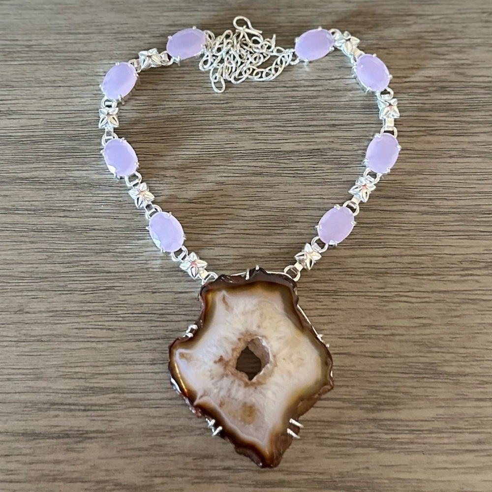 1026 Solar Agate Rose Chalcedony Necklace Handmade Silver Statement Jewelry